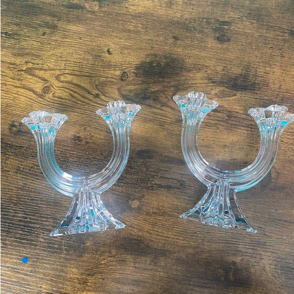 Pair of Clear Glass Art Deco Style Candelabra Candlestick Holders - Picture 8 of 10